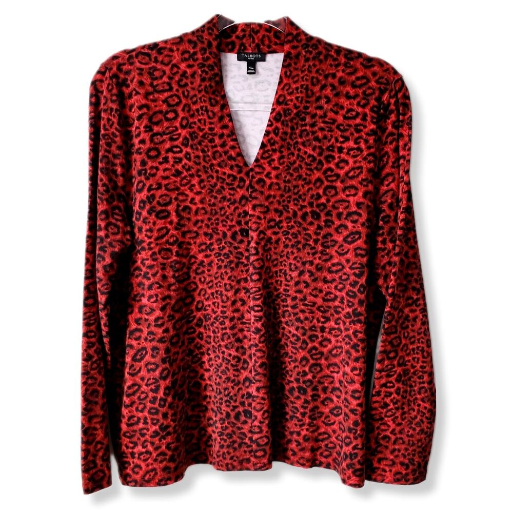 Women Talbots Red Black Animal Print Jersey Knit Top XLP Career Chic Whimsy NEW